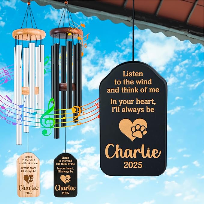 Personalized Dog Memorial Gifts for Loss of Dog Wind Chime w/Name & Date, Listen to The Wind and Think of Me - Sympathy Gifts - 37" Custom Engraved Pet Memorial Wind Chime Gift- Black Color, D2
