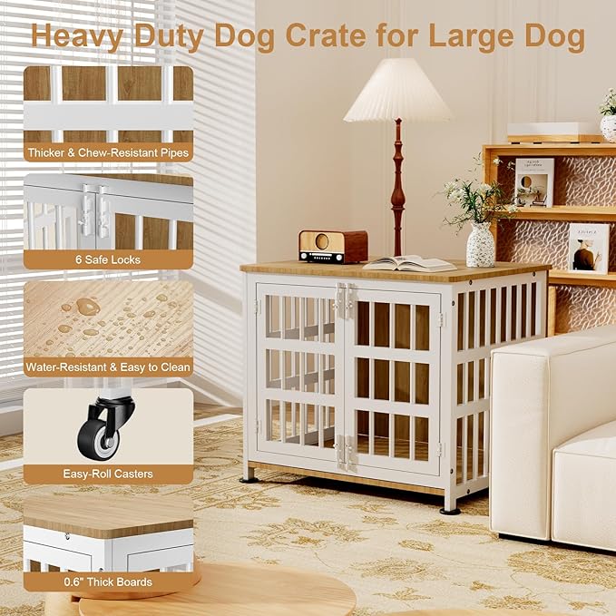 26" Dog Crate Furniture for Small Dogs, Heavy Duty Dog Cage for Small & Medium Dogs with Wheels, Indoor Puppy Crate, 26.6"L x 20.9"W x 23.8"H, Decorate House as TV Stand, End Table — Natural and White