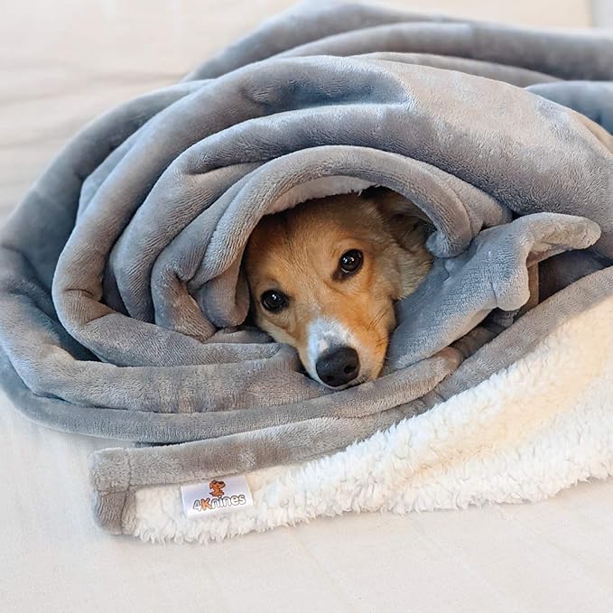 4Knines Plush Reversible Waterproof Dog Blanket – Soft Sherpa & Microfiber Pet Throw – Durable Couch, Bed, or Crate Protector for Dogs – Machine Washable Pet Cover – 60x48 Inch – Grey Color