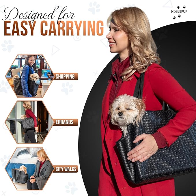 Faux Leather Dog Carrier for Small Dogs, Water-Resistant Designer Dog Purse with Safety Harness, Fashion Pet Carrier for Dogs 5-15 lbs, Luxury Dog Shoulder Carrier, Woven Black