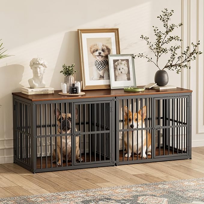 Lyromix 66'' Dog Crate Furniture with Double Rooms,Wooden Crate TV Stand with Removable Divider, Heavy Duty Indoor Puppy Cage Kennel for Small to Medium Dogs, Can Use Separately, Walnut