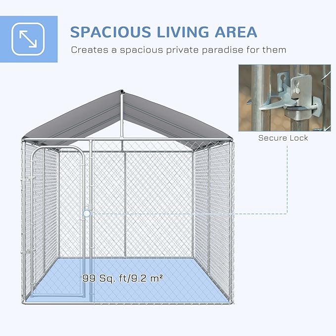 PawHut Outdoor Dog Kennel, Heavy Duty Dog Run Outdoor Fence with Waterproof Cover, Galvanized Chain Link, Secure Lock, 13' x 7.5' x 7.5'