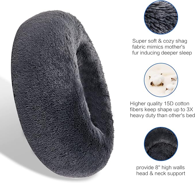 SAVFOX Calming Dog Bed, Anti Anxiety Dog Bed, Plush Donut Dog Bed for Small Dogs, Medium, Large & X-Large, Soft Fuzzy Comfy Dog Bed in Faux Fur, Washable Cuddler Pet Bed, Multiple Sizes S-XL