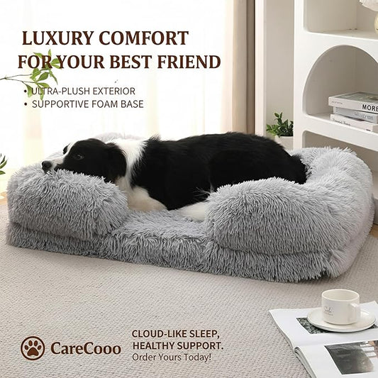 Orthopedic Dog Bed for Large Dogs - Washable Memory Foam Pet Sofa, Fluffy Plush Rectangular Bed, Waterproof Anti-Anxiety Couch, Light Gray, L
