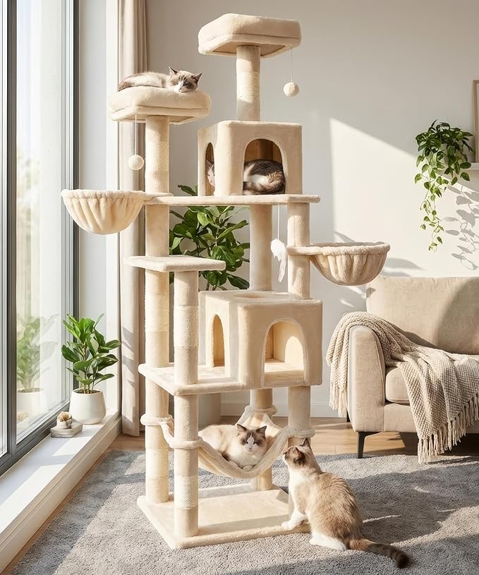 AMHANCIBLE Tall Cat Tree, 70 Inch Cat Tower for Indoor Cats, Multi-Level Cat Tree with Scratching Post, Hammock, Hanging Basket, Large Cat Condos for Adult Cats Kittens, Beige, PT18BG