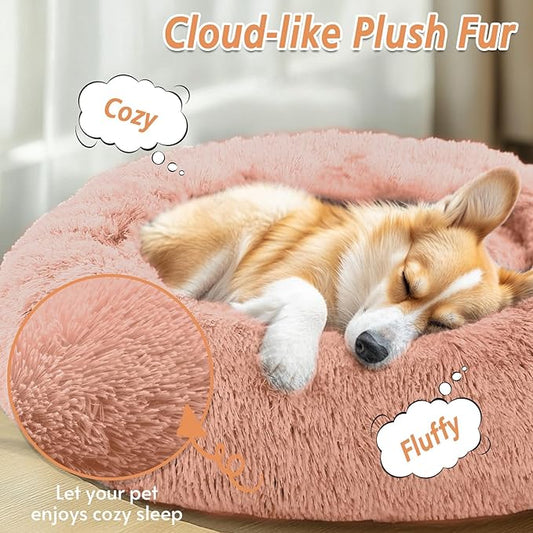 JOLLYVOGUE Small Dog & Cat Beds for Indoor Cats, Donut Cuddler Warming Soft Dog Beds with Anti-Slip Bottom, Round Calming Fluffy Plush Faux Fur Cushion Bed for Medium Dogs (31", Peach Pink)