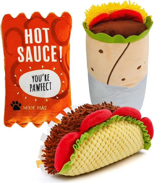 Prime Pets Plush Dog Toys Set, 3 Pack, Crinkle Squeaky Dog Toys, Food Shaped Pet Toy for Small Medium Large Dogs, Stuffed Puppy Chew Toy