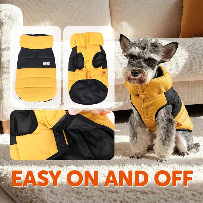 FOFOS Dog Winter Coat, Plush Dog Jacket with Leash Hole, Adjustable Warm Pet Snow Vest for Small Medium Dogs, Yellow, XL