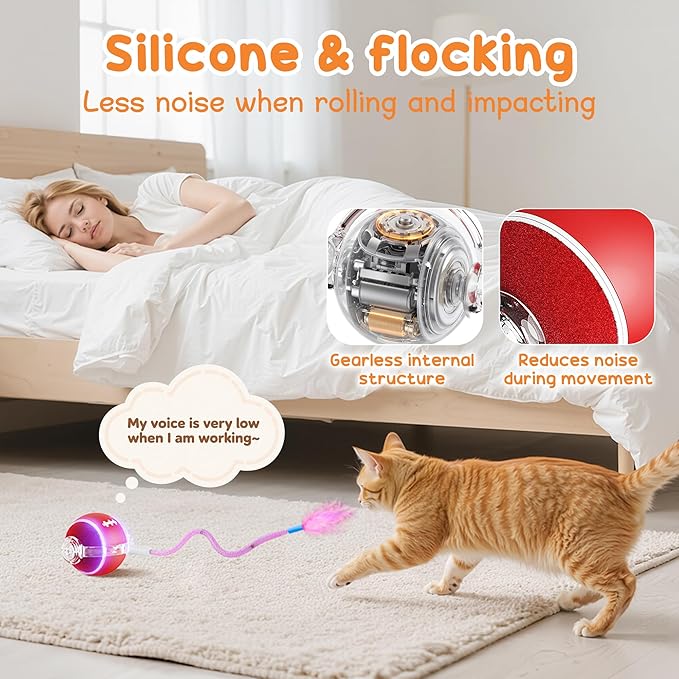 PANRIO Interactive Cat Toys for Indoor Cats,3 Modes Electric Moving Cat Ball with Feather Tail,800MAH Large Capacity & Low Noise,Automatic Kitten Toys for Bored Indoor Adult Cats