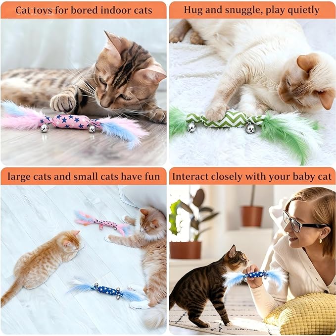 CealumVita Catnip Toy Candy Shape with Bright Colors Feathers & Bell, Kicker Chew Toy for Indoor Cats, Enrichment Toys for Bored Kittens & Adult Cats, 3-Pack Crinkle Plush Toys for Teething and Play