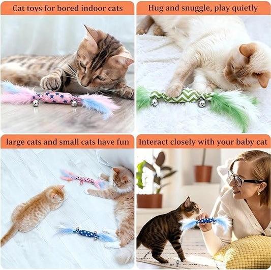 CealumVita Catnip Toy Candy Shape with Bright Colors Feathers & Bell, Kicker Chew Toy for Indoor Cats, Enrichment Toys for Bored Kittens & Adult Cats, 3-Pack Crinkle Plush Toys for Teething and Play