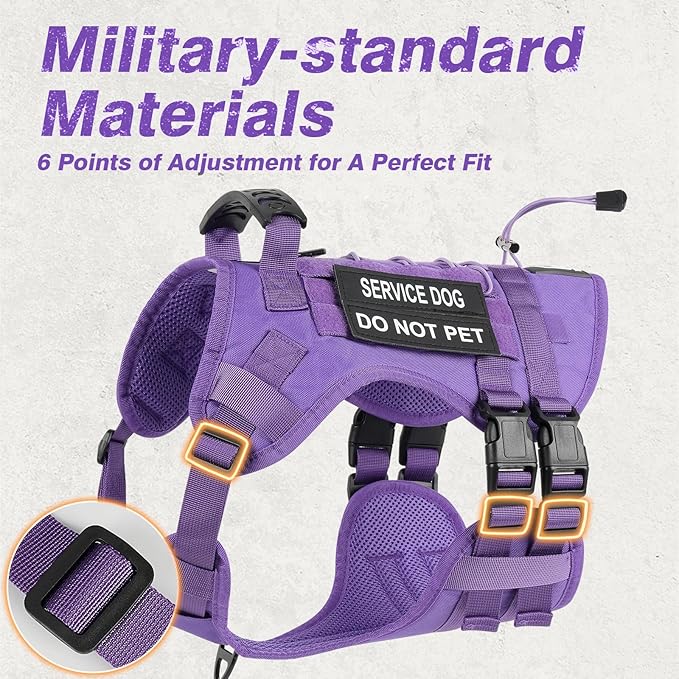 No Pull Tactical Dog Harness for Small Dogs, Escape Proof Molle Dog Vest Harness and Leash Set, Adjustable Military Service Dog Harness with Handle for Medium Large Dogs (Purple, Small)