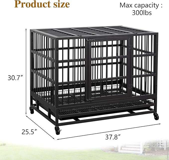 JY QAQA 38 Inch Heavy Duty Indestructible Dog Crate, Escape Proof Dog Cage Kennel with Lockable Wheels,High Anxiety Double Door Dog Crate, Xl Extra Large Crate Indoor for Large Dog with Removable Tray