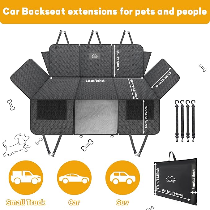ONTYZZ Dog Car Back Seat Extender - 440LBS Heavy Duty, Pet Camping Air Mattress with Mesh Window, Hard Bottom Dogs Hammock for Car/SUV/Truck, Waterproof Non-Slip Dog Car Seat Cover, Black