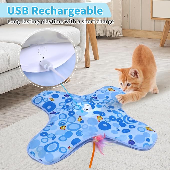DFQ Interactive Cat Toy for Indoor Cats, Rechargeable Touch-Activated Moving Feather Wand with Concealed Motion, Play Toy for Kittens and Adult Cats (Blue)