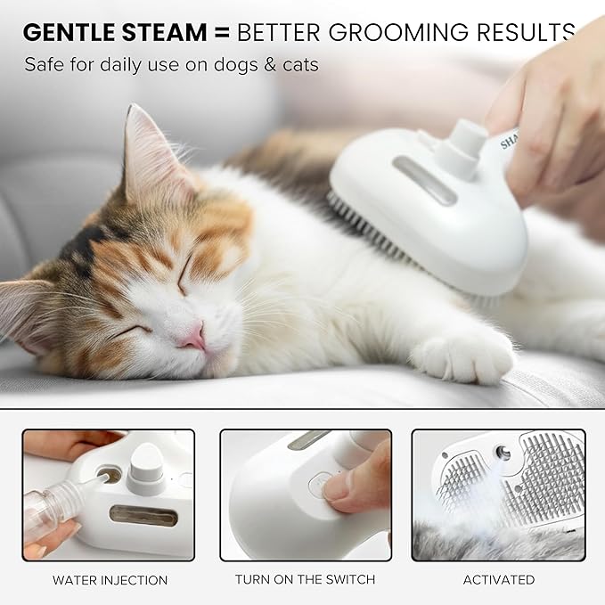 3-in-1 Anti-Static Pet Steam Brush for Dogs & Cats - Steam Clean, Calming Massage & Self-Cleaning Hair Ejection, Quick Heat-Up, USB-C Rechargeable, Low-Noise Deshedding & Dematting - White