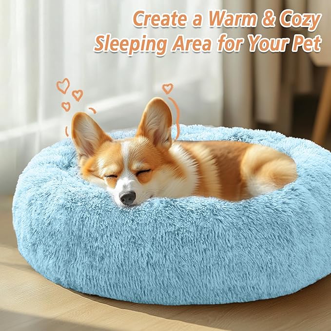 JOLLYVOGUE Small Dog & Cat Beds for Indoor Cats, Donut Cuddler Warming Soft Dog Beds with Anti-Slip Bottom, Round Calming Fluffy Plush Faux Fur Cushion Bed for Small Dogs (23", Light Blue)