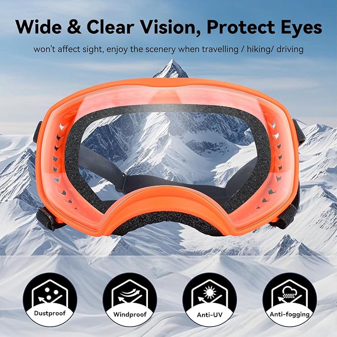 PETLESO Dog Goggles for Large Breed, Clear Dog Sunglasses Anti-UV Wide View Medium Large Pet Eye Protection for Driving Riding Hiking, Adjustable Straps, Orange