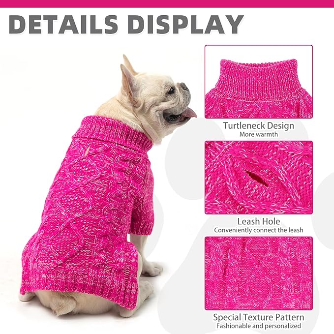 KOOLTAIL Dog Sweater for Large Medium Small Dogs, Fall Dog Sweaters, Turtleneck Cable Knitwear Pet Cold Weather Coats with Leash Hole, Warm Winter Pullover Clothes for Bulldog, Yorkie,Boy Girl,Rose SM