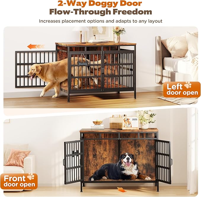 47 Inch Dog Crate Furniture, Heavy Duty Dog Kennel for Small Medium Large Dogs, Double Doors Indoor Decor Pet House Cage, Anti Escape Wooden Dog Cage with Name Tag End Table, TV Stand, Brown