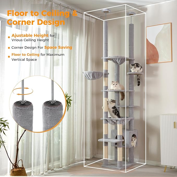 Floor to Ceiling Cat Tree Corner Cat Tower with Adjustable Height 88.9-109 inches (226-279cm) with Large Hammocks,Condo,Multi Platforms and Scratching Post for Indoor Cats-Gray Dual Posts