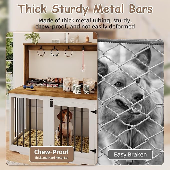 Dog Crate Furniture, Wooden Dog Crates for Small Dogs, Dog Kennel Indoor with Storage Shelf, 4 Hooks, Heavy Duty Dog Crate for Small/Medium Dogs, White