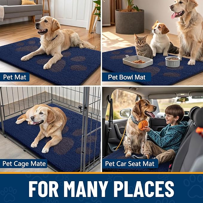 Smiry Dog Door Mat for Muddy Paws 30x20, Dirt Trapper Non Slip Washable Indoor Doormats, Absorbent Entryway Carpet for Inside Floor, Navy Blue