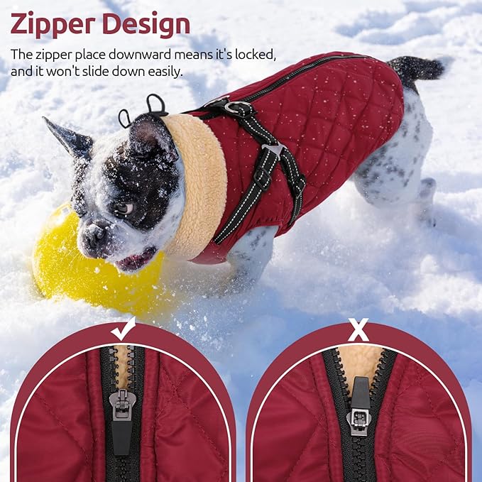 Queenmore Dog Winter Jacket, Dog Coats for Large Dogs, Warm Cozy Pet Jacket Winter with Harness Built in, Waterproof Pet Snow Jacket, Thick Fleece Lining Snowsuit for Large Dogs, Burgundy L