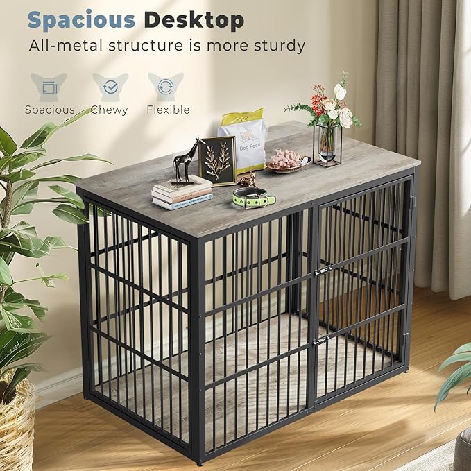 Lyromix 48'' XXL Dog Crate Furniture with 3 Doors, Wooden Crate End Table Heavy Duty Indoor Combination Cage for Medium to Large Dogs, Multiple Units Can be Combined, Grey