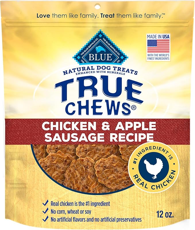 Blue Buffalo True Chews Dog Treats, Made in The USA with Natural Ingredients, Chicken and Apple Sausage Recipe, 12-oz Bag
