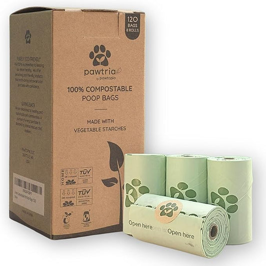 Pawtria Certified Home Compostable Dog Poop Bags (120), Poop Bags for Dogs, Cat Litter, Vegetable Starches, Dog Waste Bags, Leakproof, Easy to Open, Give Back