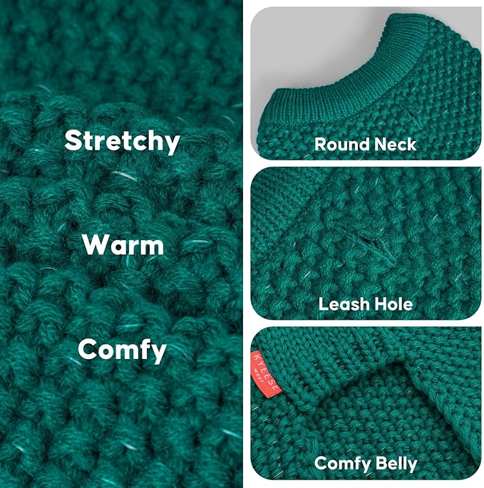 KYEESE Dog Christmas Sweater with Leash Hole for Small Dogs Male Warm Pullover with Reflective Yarn Soft Knit Pullover Boy Dog Coats Cozy Lightweight Thick Sweater Pet Indoor Outdoor Wear,Green,Small