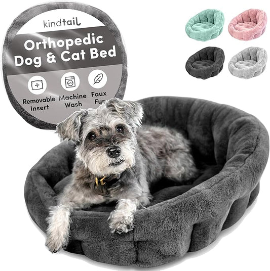 KindTail Small Orthopedic Dog and Cat Bed - Faux Fur Luxury Cuddler for Pets Under 15 lbs, Comfortable Waterproof Material with Nylon Base - 20" x 14" x 10" (Dark Grey, Small)