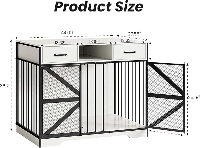 44" Large Dog Crate Furniture, Wooden Heavy Duty Dog Kennel TV Stand with 2 Drawers, Indoor Multi-Functional Decorative XL Furniture for Medium & Large Breeds, White
