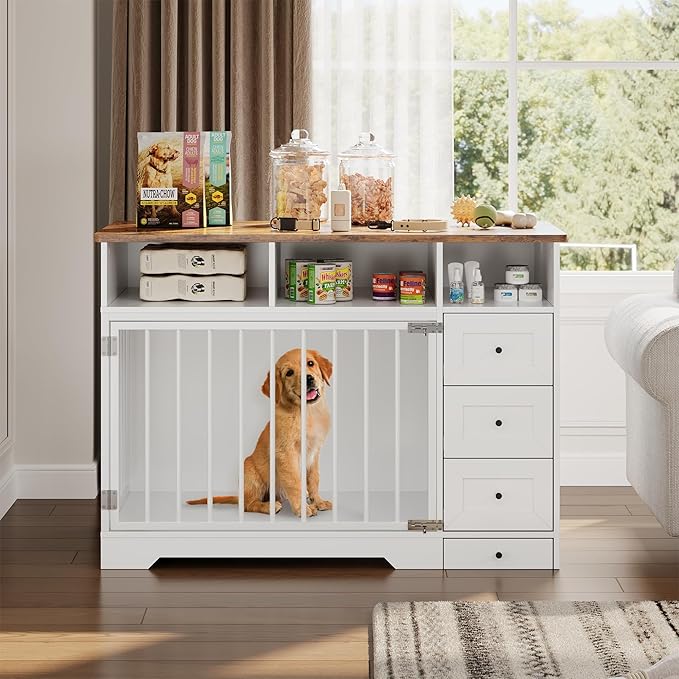 48'' Dog Crate Furniture, Farmhouse Heavy Duty Dog Kennel with Bowl & Storage Drawers, Medium Dog Cage End Table for Small Medium Dogs, White