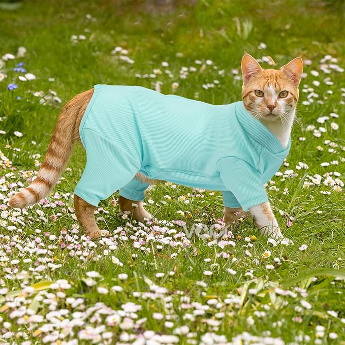 Sticky Hair Cat Clothes, Breathable & Lightweight, Reduces Shedding Fur Pajamas, Full Body Long Sleeve Surgical Bodysuit, Stop Licking & Shedding Blue 2XL