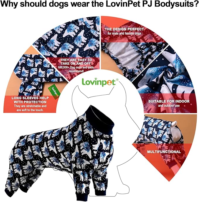 LovinPet Big Dog Pajamas, Post Surgery Onesie UV Protection, Blue Triangle Print, Lightweight Stretchy Big Dogs Pullover Shirt, Full Coverage Large Breed Dog Jammies, Pet PJ's/Large