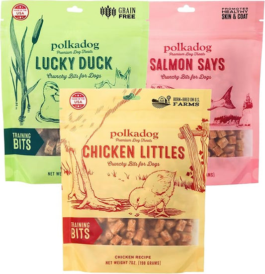 Polkadog Crunchy Training Bits Variety 3-Pack – Includes Chicken Littles, Lucky Duck, Salmon Says – All Natural Training Treats, Handcrafted in USA. Great for Dogs with Allergies – 7oz (Pack of 3)