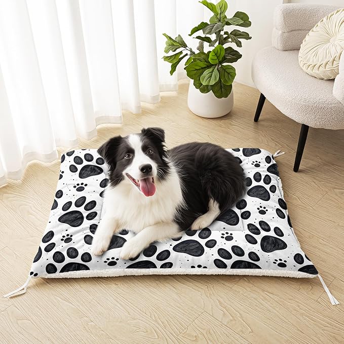 Dog Crate Bed Washable Crate Pad Cartoon Black Paw Printed Soft Fluffy Pet Sleeping Mat for Large Medium Small Animals(Paw-3 S)