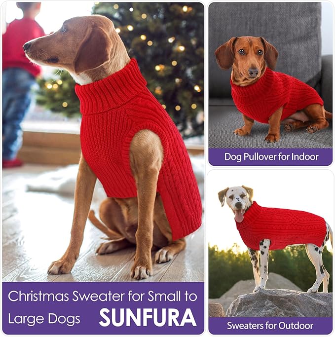 SUNFURA XL Dog Sweater, Warm Dog Sweaters for Large Dogs Boy Girl, Soft Doggy Xmas Pullover Clothes for Fall Winter, Solid Color Pet Knitted Knitwear for Pitbull, Labrador Retriever, Red XL