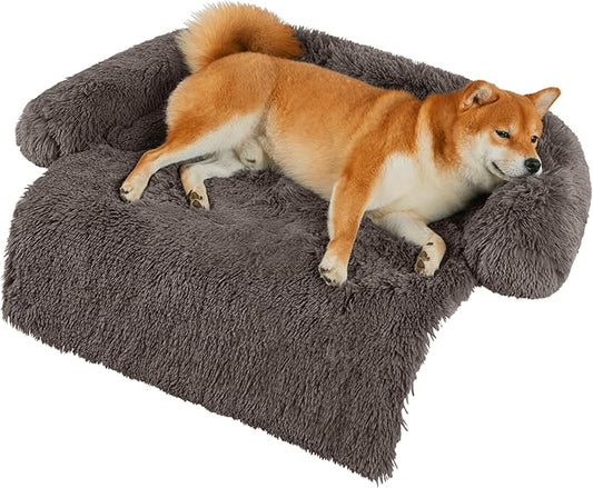 Codi Calming Dog Bed for Couch – Anti-Anxiety Sofa Protector Mat for Medium Dogs, 35''x31''x5'', Machine Washable, Fluffy & Cozy with Non-Slip Bottom, Ash Brown