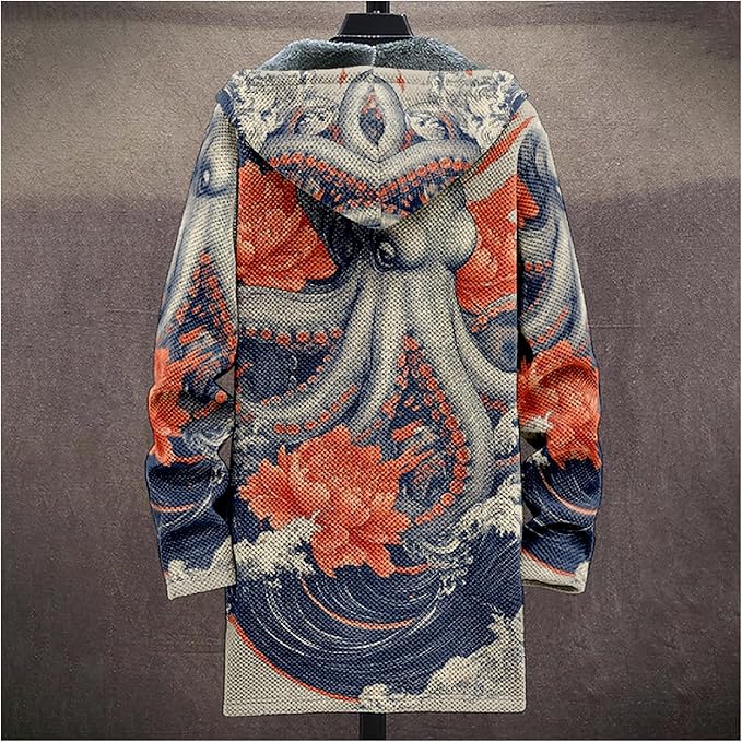 MARSVOVO Cool Hippie Long Cardigan Hoodies for Men Zipper Fleece Lined Knit Coat Skull Animal Print Graphic Jackets