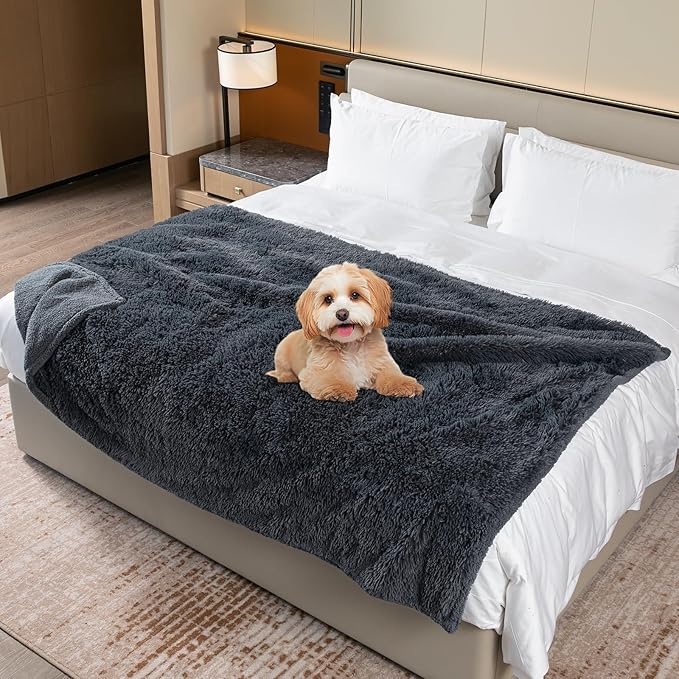 Waterproof Dog Calming Blanket Gray Pet Throw Blankets for Dogs Cats Fluffy Long Faux Fur Puppy Couch Cover Reversible Love Bed Mat Washable(Gray,S-40x28in)