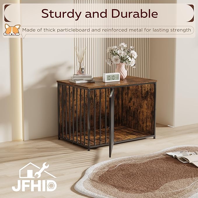 Dog Crate Furniture for Large and Medium Dogs, 36 Inch Wooden & Steel Decorative Indoor Kennel, Pet Cage End Table for Home, Escape-Proof & Chew-Proof, Rustic Brown