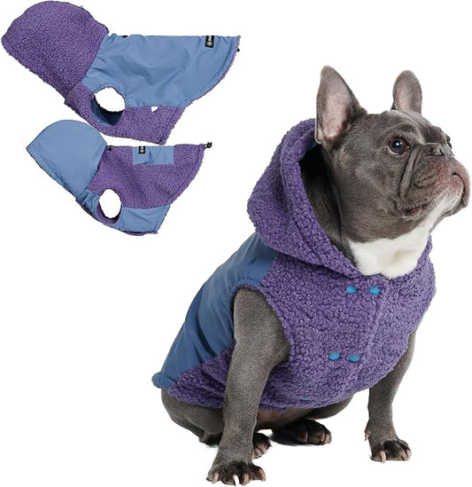 Spark Paws Reversible Fleece Dog Jacket, Hooded Sweater Vest, Warm Coat for Winter - Suitable for Small Medium Large XL XXL Dogs - Purple and Navy Blue - L