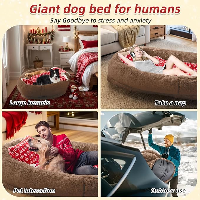 Human Dog Bed: 71''x45''x12'' Size, Washable Faux Fur, Orthopedic - Brown