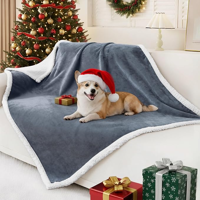 Smiry Waterproof Blanket Throw for Large Dogs, Soft Reversible Dog Blanket for Sofa Couch Bed, Washable Leakproof Sherpa Fleece Furniture Couch Protector(50"x60", Grey/White)