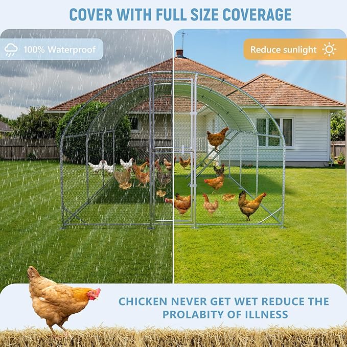 Large Chicken Coop,10x20x6.5FT Metal Chicken Run for Yard with Feeding Door, Round Top Walk-in Chicken Pen,Outdoor Poultry Cage with Anti-UV Cover,Rabbit Duck House