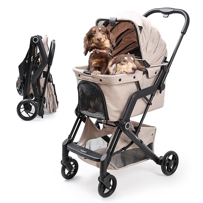 Dog Cat Strollers, Suitable for Dogs and Cats Weighing No More Than 66 Pounds, Foldable 4 Wheels Pet Stroller, Travel Small Dog Pet Stroller with 4 Wheels (Beige)