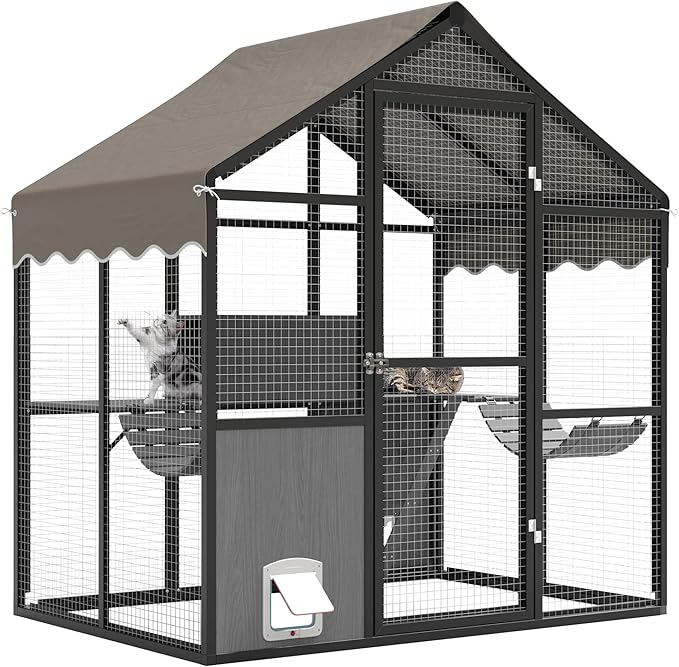 Large Outdoor Cat Enclosure for Multiple Cats - Weatherproof Catio with UV Cover, Platform & Side Door